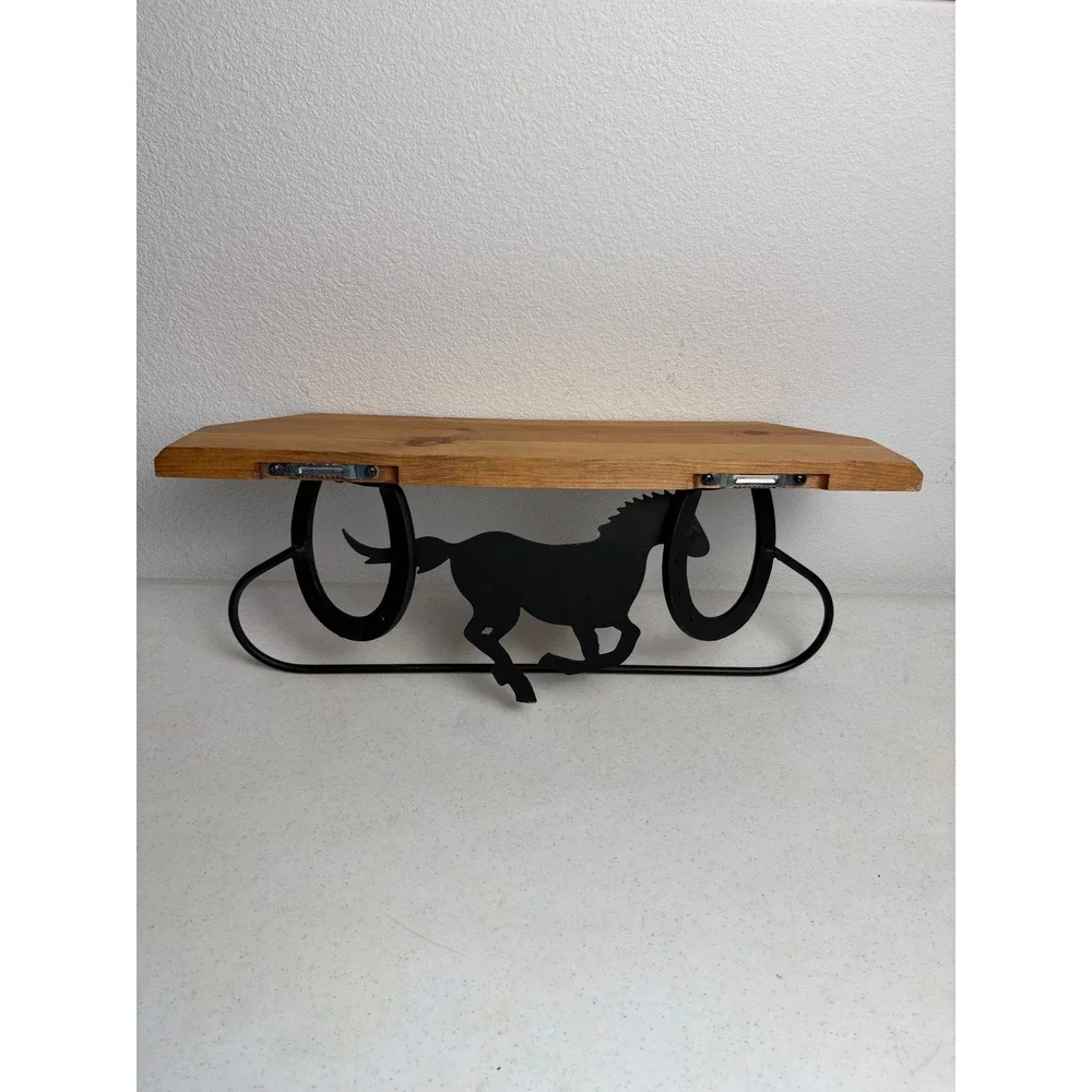 Rustic Horseshoe Horse Metal Wood Wall Shelf Western Equestrian Home Decor 17in